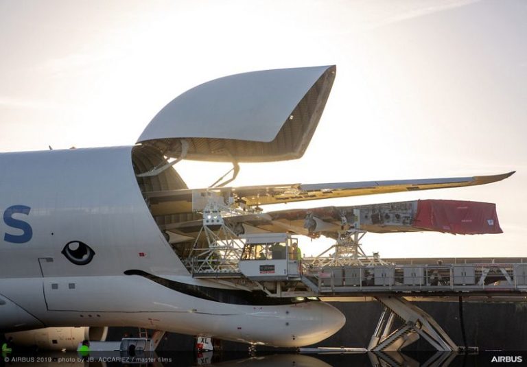 Flugzeug im Flugzeug: Die Airbus Beluga transportiert die Tragflächen einer Airbus A350. Foto: Airbus
