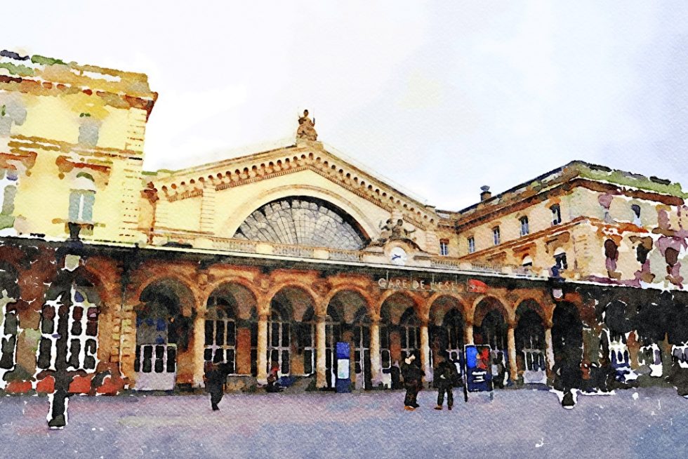 Watercolor of the Gare de l Est station in Paris on a fall day