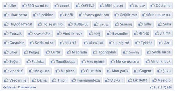 Der "Gefällt-mir"-Button bei Facebook in verschiedenen Sprachen. Das Drücken kann gefährlich werden und erlaubt Facebook sehr persönliche Profile jedes Nutzers.
