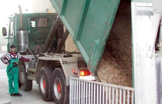 Holzschnitze für ein Holzkraftwerk werden angeliefert.