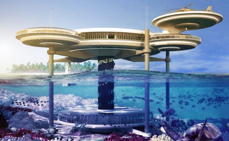 Ein Hotel, das halb über und halb unter Wasser liegt. So soll das Water Discus Hotel einmal aussehen.