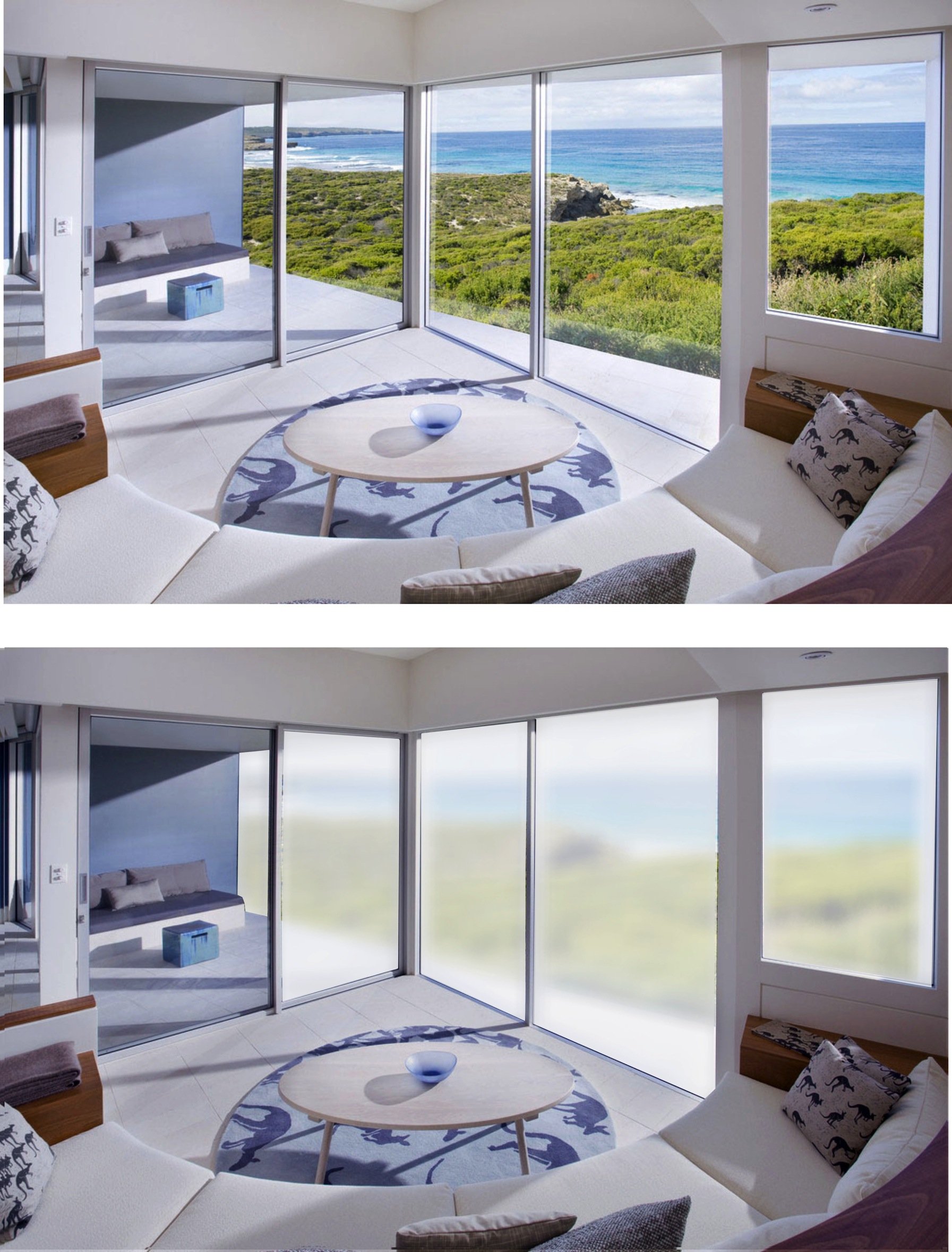 Ein Wohnzimmer mit transparenten und eingetrübten Fensterflächen.
