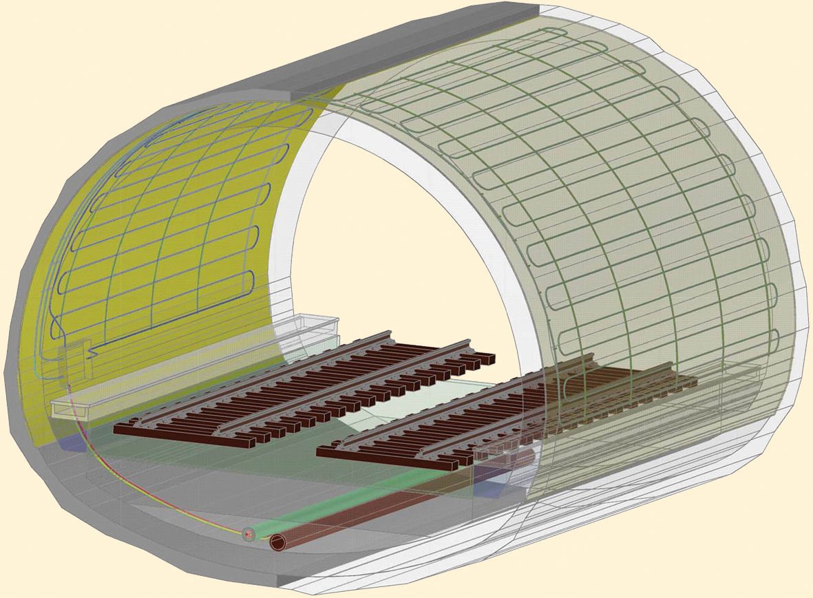 3-D-Ansicht des Energieblocks im Fasanenhoftunnel: Die Absorberleitungen befinden sich zwischen Innen- und Außenschale. Die Zuleitung liegt in der Tunnelsohle. 