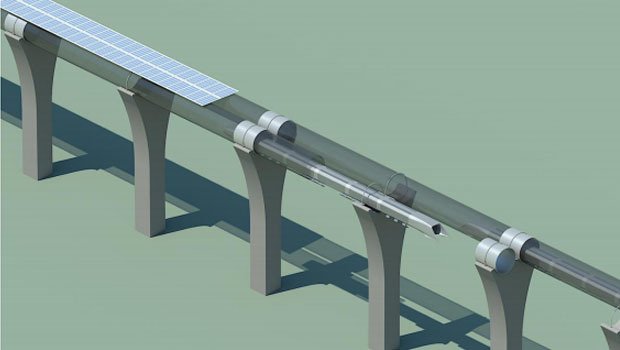 Die Trasse für den Hyperloop würde oberhalb des kalifornischen Highway I-5 verlaufen und wäre erdbebensicher. Solarpanele liefern die Energie.