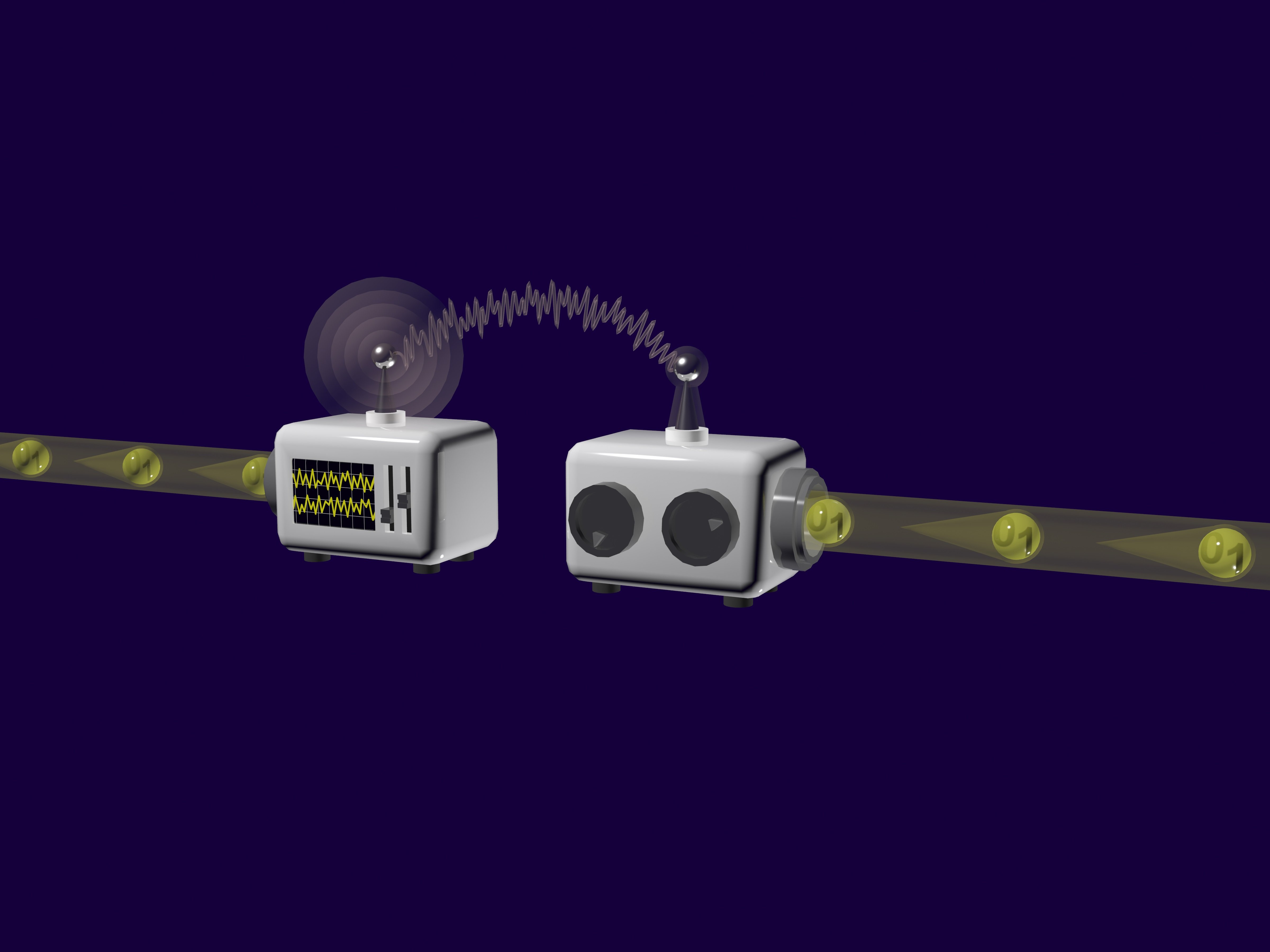 Deterministische Quantenteleportation eines photonischen Quantenbits: Jedes Qubit, das von links in den Teleporter fliegt, verlässt den Teleporter rechts mit einem Qualitätsverlust von nur etwa 20 Prozent – ein ohne Verschränkung unerreichbarer Wert.