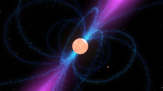 Nach unbekannten Neutronensternen durchsucht das Projekt Einstein@Home, in dem unzählige Privatrechner zu einem Supercomputer vernetzt werden, die Daten von Radioteleskopen. Diese künstlerische Darstellung zeigt einen Neutronenstern, das ihn umgebende starke Magnetfeld (blau) und den schmalen Strahl an Radiowellen (magenta) über seinen magnetischen Polen. Wenn der Strahl des sich drehenden Sterns über die Erde streicht, lässt sich der Neutronenstern als Pulsar entdecken. 