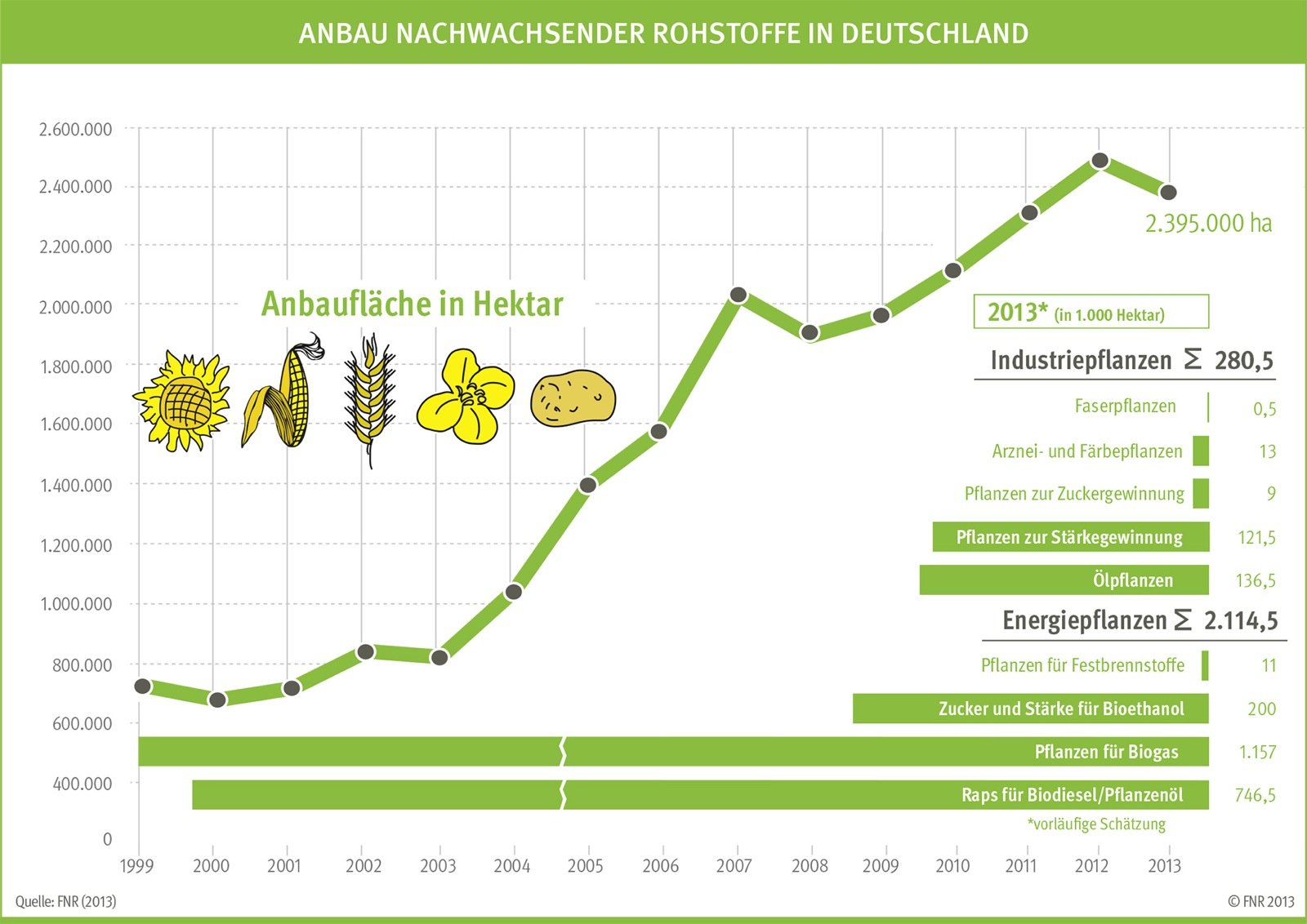 Auf 2,4 Millionen Hektar  werden im Jahr 2013 Rohstoffpflanzen für die energetische und stoffliche Nutzung angebaut.