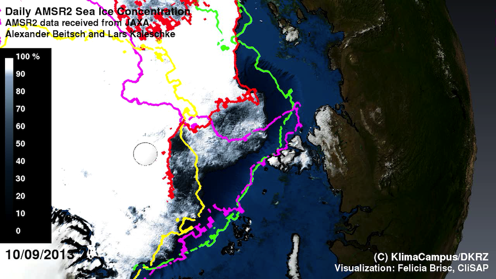 Rückgang der arktischen Eisabdeckung vom Juli bis September 2013 mit Packeisgrenzen im Vergleich zum Vorjahr. Satellitenmessungen belegen eine langfristige Abnahme der arktischen Meereisfläche. In der Animation sind die Grenzen für die Jahre 2002 (grün), 2007 (cyan), 2012 (gelb) und 2013 (rot) jeweils für den 10. September dargestellt.