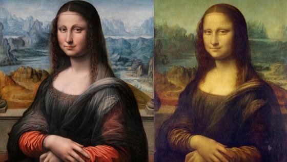 Zweimal Mona Lisa: Links das Bild aus dem Prado in Madrid, rechts aus dem Louvre in Paris. Beide sind exakt identisch, bis auf Abweichungen in der Malperspektive. 