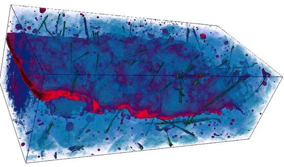 In der Computertomographie wird der Betonzylinder detailliert dargestellt. Der Riss verläuft entlang der dunklen Fläche. 