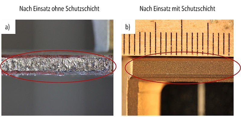 Die Titanklammer links mit herkömmlicher Abnutzung und rechts mit selbstheilender Kupferbeschichtung. 