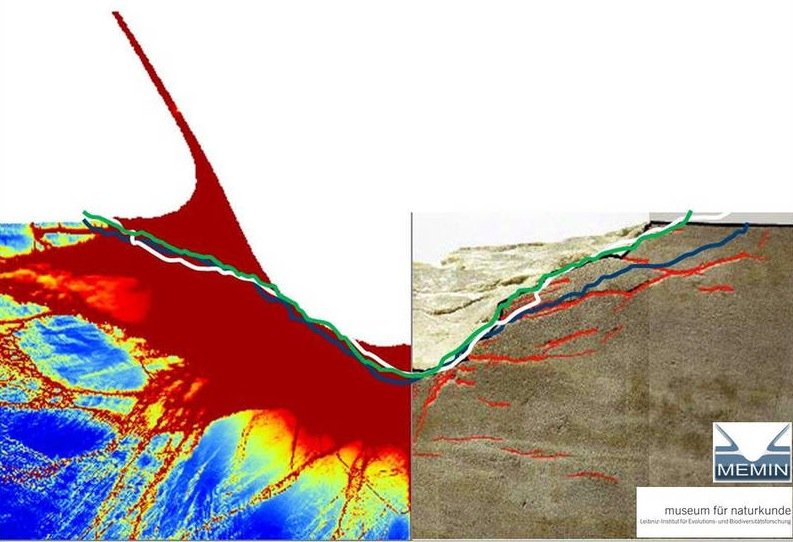 Ergebnisse des Ultraschalls nach dem Einschlag eines Meteroiten-Modells. Rechts: Die roten Linien zeigen Risse im Gestein. Links: numerisches Modell. Der rote Bereich zeigt poröses Gestein. 