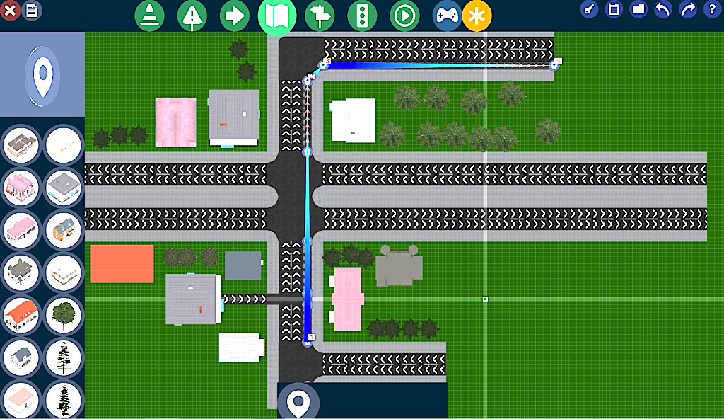 Der Lehrer kann Kreuzungen und Straßenszenen frei entwerfen und sie von seinen Schüler per virtuellem Fahrrad durchfahren lassen.