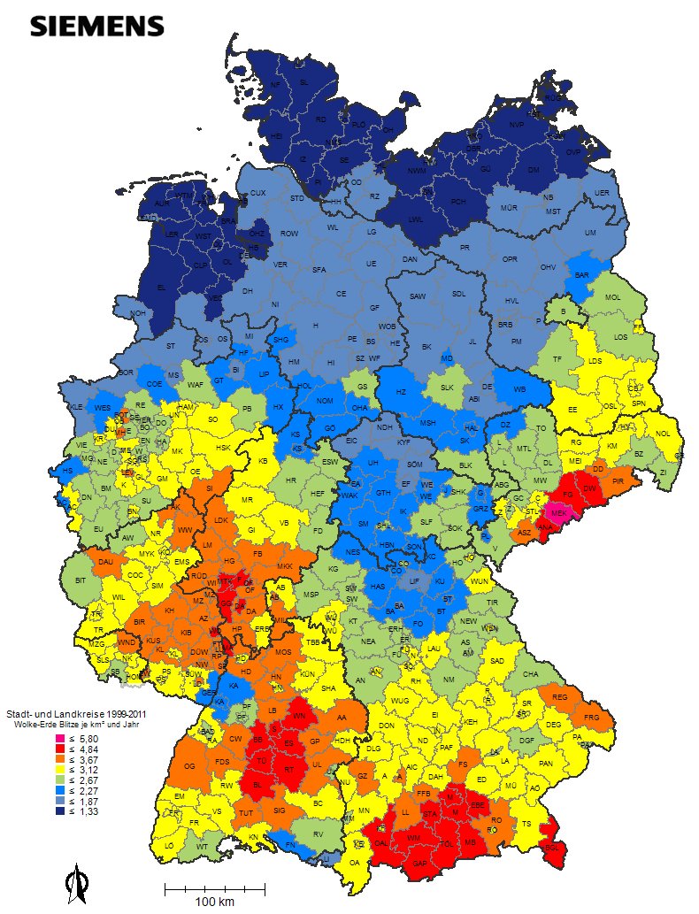 Verteilung der Blitze in Deutschland im Jahr 2012: Jedes Jahr veröffentlicht Siemens einen Blitzatlas, der die Verteilung der Blitze in Deutschland aufzeigt. Die meisten Blitze gab es 2013 im fränkischen Coburg. Die meisten Blitze gibt es im Alpenvorland, im Süden Thüringens und Sachsens und im Westen auf einer Linie vom Sauerland über die Mittelgebirge bis zum Bodensee.