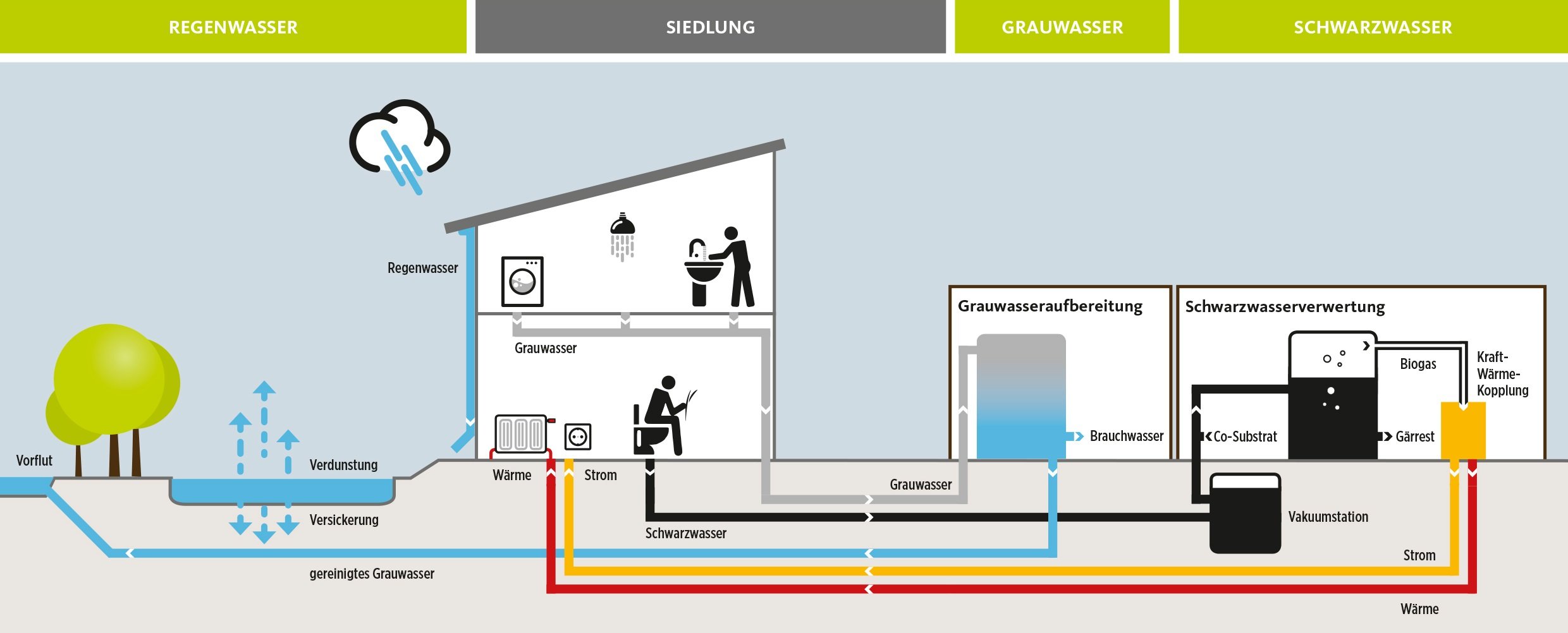 Die Grafik zeigt das innovative Prinzip der Abwasserwirtschaft, mit dem der Bezirk Wandsbek und die Hamburger Wasserwerke in der Jenfelder Au neue Wege gehen.