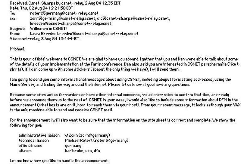 Screenshot der ersten US-amerikanischen E-Mail, die Deutschland erreichte: Es handelt sich um eine Anmeldebestätigung, die der Karlsruher Forscher Michael Rotert im Jahr 1984 erhielt. 