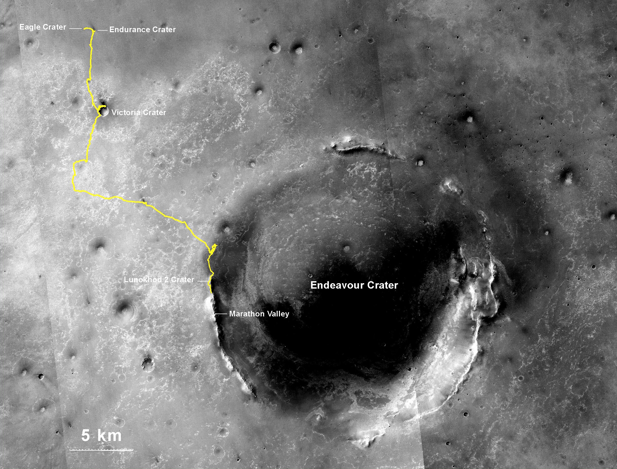 40 Kilometer in zehn Jahren hat der Marsrover Opportunity zurückgelegt. Er ist kurz vor dem riesigen Endeavour Krater.