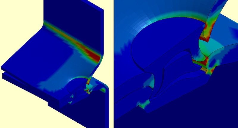 So sieht es im Computermodell aus, wenn eine sogenannte Stanznietverbindung versagt: Besonders stark verformt sind die roten Bereiche.