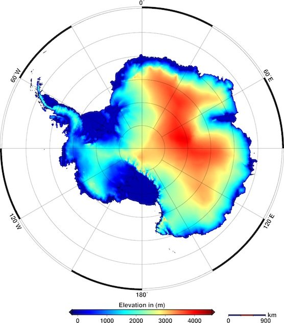 Das neue digitale Abbild der antarktischen Eisschilde, basierend auf über 200 Millionen Daten des Satelliten CryoSat-2. Besonders in den blauen Bereichen verlieren die riesigen Gletscher an Höhe. 