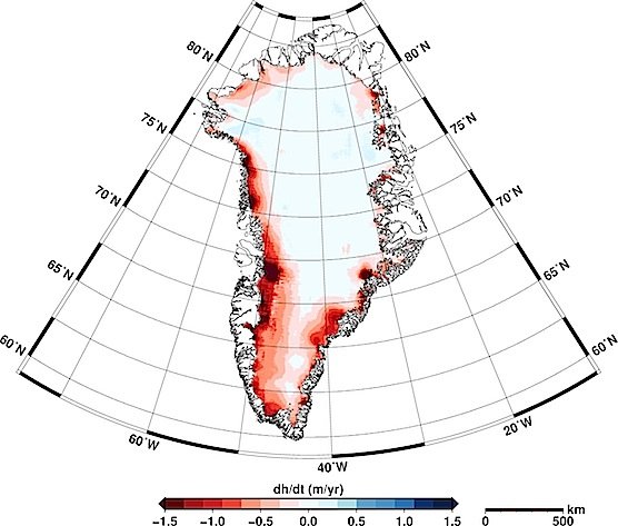 Karte der Höhenveränderungen des grönländischen Eisschildes für den Zeitraum Januar 2011 bis Januar 2014: Die roten Flächen markieren Regionen, in denen die Gletscher in den zurückliegenden drei Jahren an Volumen eingebüßt haben.