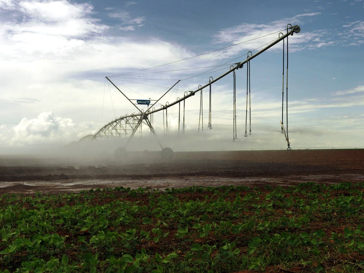 Bewässerung von Soja-Feldern in Brasilien: Die landwirtschaftliche Produktion etwa von Soja in Brasilien, Baumwolle in Pakistan oder Rosen in Kenia für die Industrienationen belastet den örtlichen Wasserhaushalt. Der WWF meint, dass deshalb die Industriestaaten Mitverantwortung tragen für den Wasserverbrauch in den Erzeugerländern. 