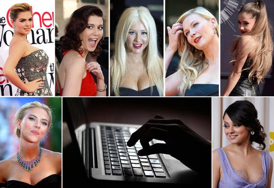 Schock in Hollywood: Ein Hacker stellte Nacktfotos weiblicher Promis ins Netz. Die Bildkombo zeigt die Schauspielerinnen Kate Upton (oben, v.l.n.r.), Mary Elizabeth Winstead, Sängerin Christina Aquilera, Schauspielerin Kirsten Dunst und Sängerin Ariana Grande sowie unten die Schauspielerinnen Scarlett Johansson (li.) und Mila Kunis.