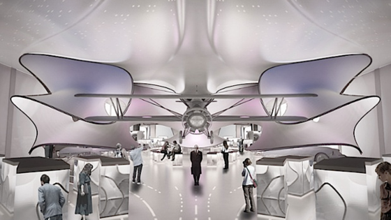 So stellt sich Zaha Hadid den Ausstellungsraum vor: in der Mitte hängt der Doppeldecker, umgeben von Skulpturen, die Luftströmungen visualisieren. Möglich wird das Projekt durch eine 6,3 Millionen Euro hohe Spende.