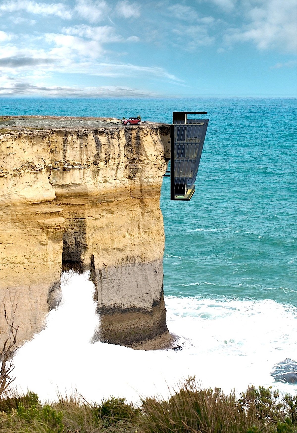 Nichts für Angsthasen: Das fünfstöckige Haus am Meer ist mit Stahlbolzen seitlich am Gestein einer Klippe befestigt – und hängt deshalb direkt über der Brandung. 