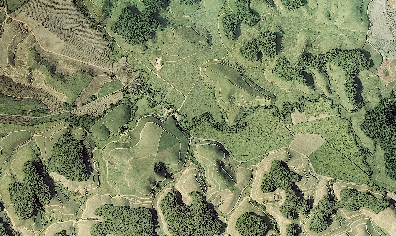 Die Luftaufnahme zeigt Waldfragmente des atlantischen Regenwaldes im Nordosten Brasiliens, umgeben von Zuckerrohrplantagen. Durch die Abholzung stehen immer mehr Bäume an Waldrändern und verlieren dort ihre Fähigkeit zur ausreichenden CO2-Speicherung. 