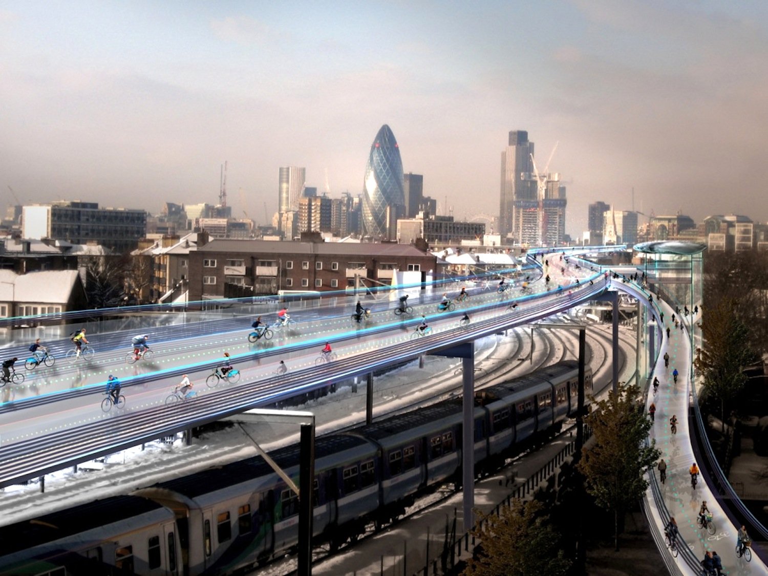 Nicht aufs Wasser, sondern in die Luft will Stararchitekt Norman Foster den schnellen Radverkehr in London verlegen. Er hat eine Hochautobahn namens SkyCycle für Radfahrer quer durch London vorgeschlagen, die an ihren Rändern sogar bebaut werden kann.