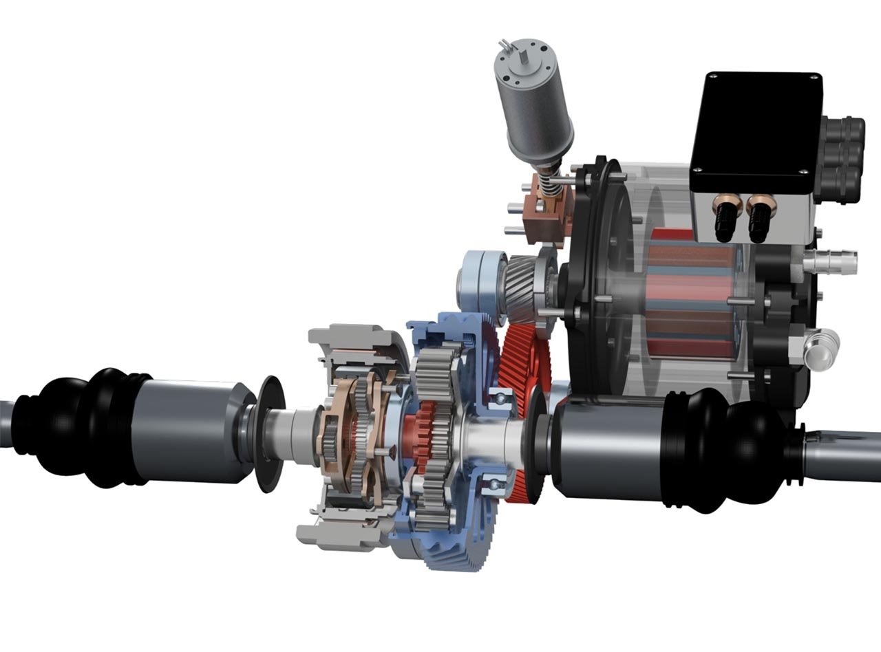 Konzept eines besonders leichten Antriebsstrangs für ein Elektrofahrzeug: Der Elektromotor ist kombiniert mit einem zweistufigen Untersetzungsgetriebe sowie einer Torgue-Vectoring-Einheit.