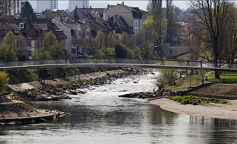 Die Birsbrücke bei Basel passt sich in den Augen der Jury mit ihrem sanften Bogen sensibel der Landschaft an. Das Problem der Eigenfrequenzen haben die Architekten gelöst, indem sie sie die Brücke in zwei Felder unterteilt haben. 