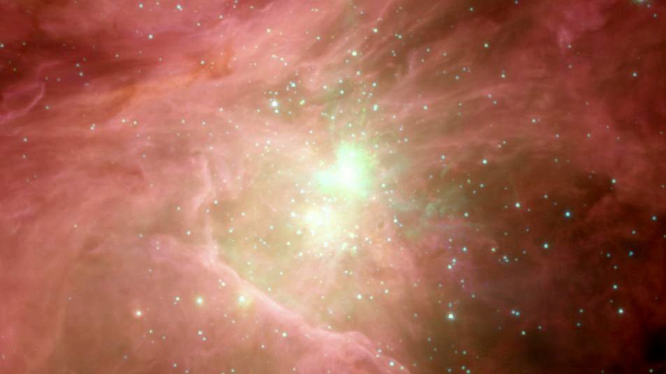 Aufnahme des NASA-Satelliten Spitzer vom Orionnebel: Sie zeigt eindrucksvoll das turbulente Geschehen in diesem Konglomerat von jungen Sternen und den Gas- und Staubwolken, aus dem sich diese Sterne gebildet haben und auch heute noch bilden. Bei einer der ersten Beobachtungsflüge hat FIFI-LS auch dieses aktive Sternentstehungsgebiet beobachtet.