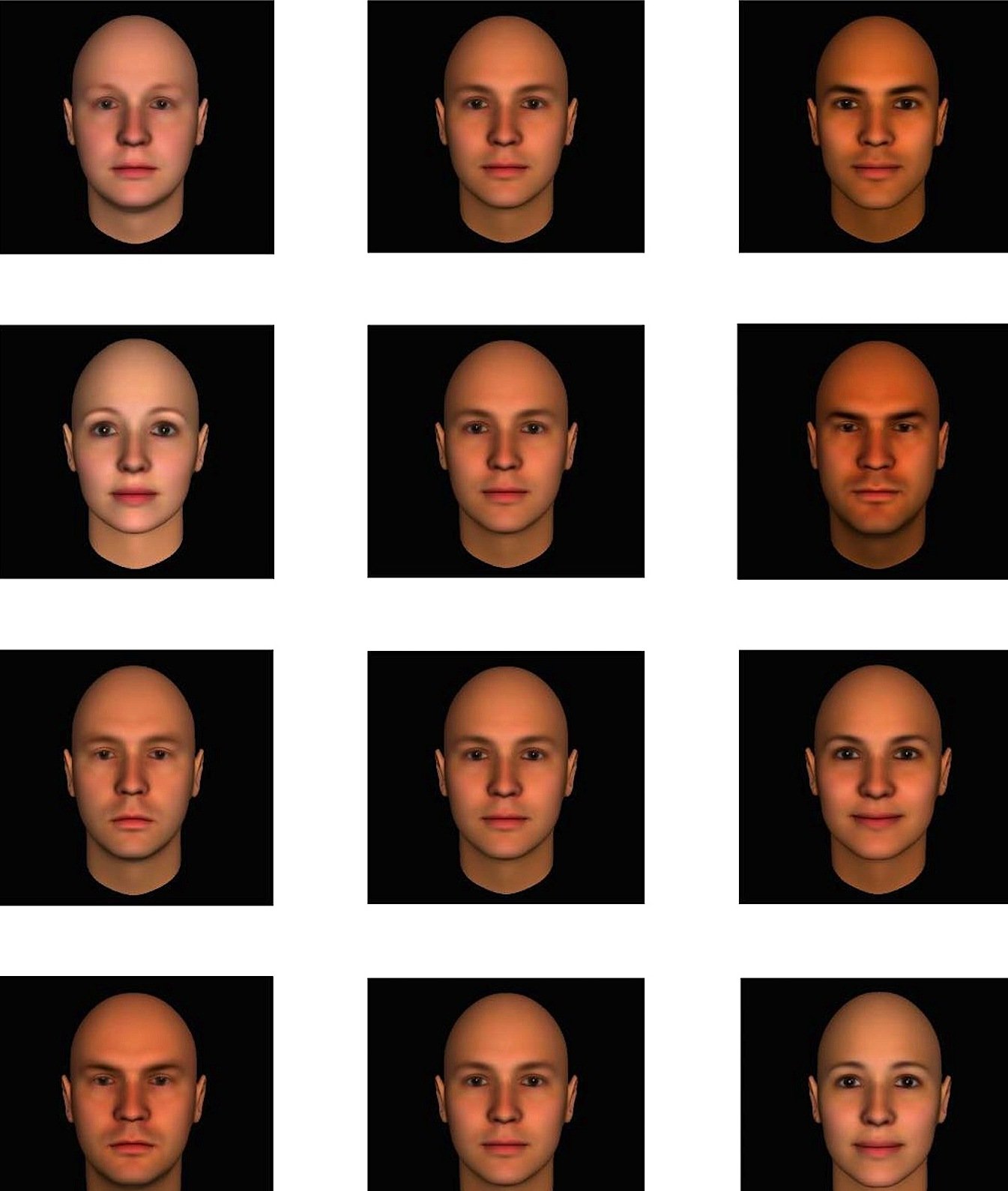 Die gleichen Gesichter mit unterschiedlicher Aussage: Wie kompetent (oben), dominant (2. Reihe), extrovertiert (3. Reihe) oder vertrauenswürdig wirken diese Menschen? In der Mitte jeder Reihe ist ein Durchschnittsgesicht mit der jeweiligen Haupteigenschaft abgebildet, links ein schwächer ausgeprägtes Gesicht, rechts ein Gesicht mit starker Ausprägung.