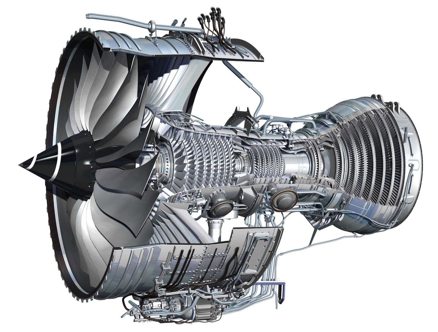 Funktionskizze des Triebwerks Trent 1000 von Rolls-Royce. 