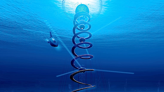 Das Projekt Ocean Spiral: Die Bewohner leben in der Kugel unter der Wasseroberfläche. Der spiralförmige Pfad schützt vor Strömungen und verbindet die Stadt mit dem Ausgrabungszentrum am Meeresboden, das Energie bereitstellt.