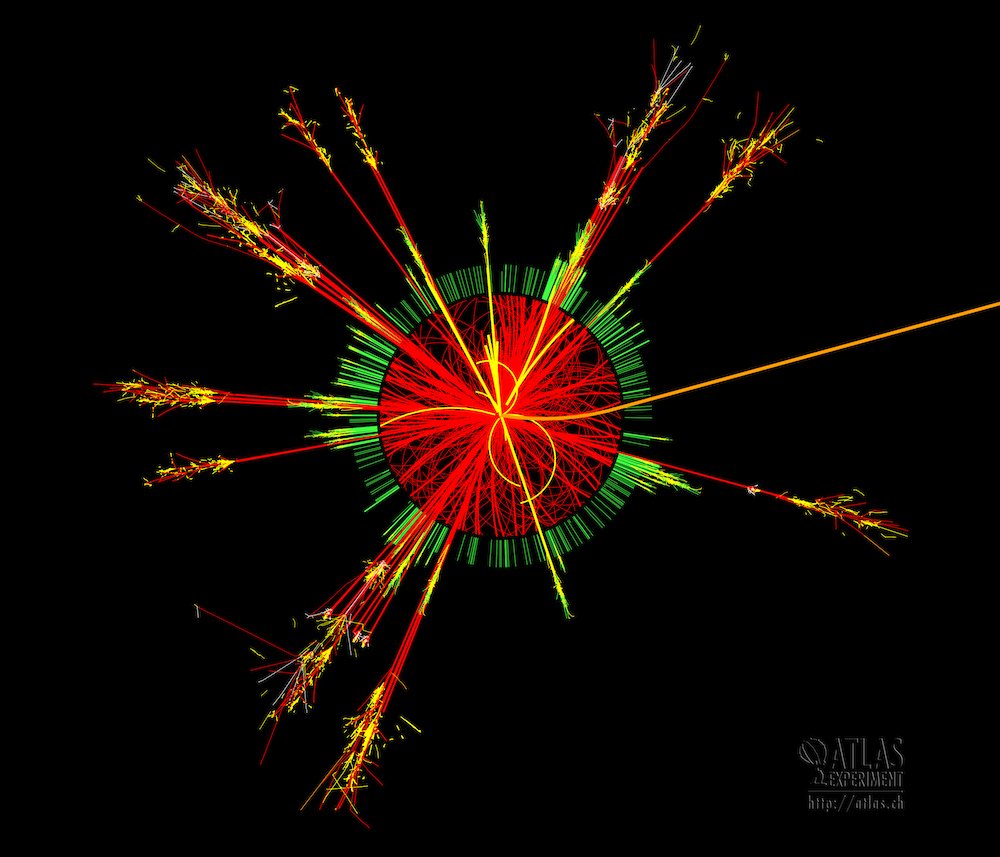 Spuren von Teilchen nach dem Zusammenprall von Protonen im Atlas-Experimentierraum des Cern.
