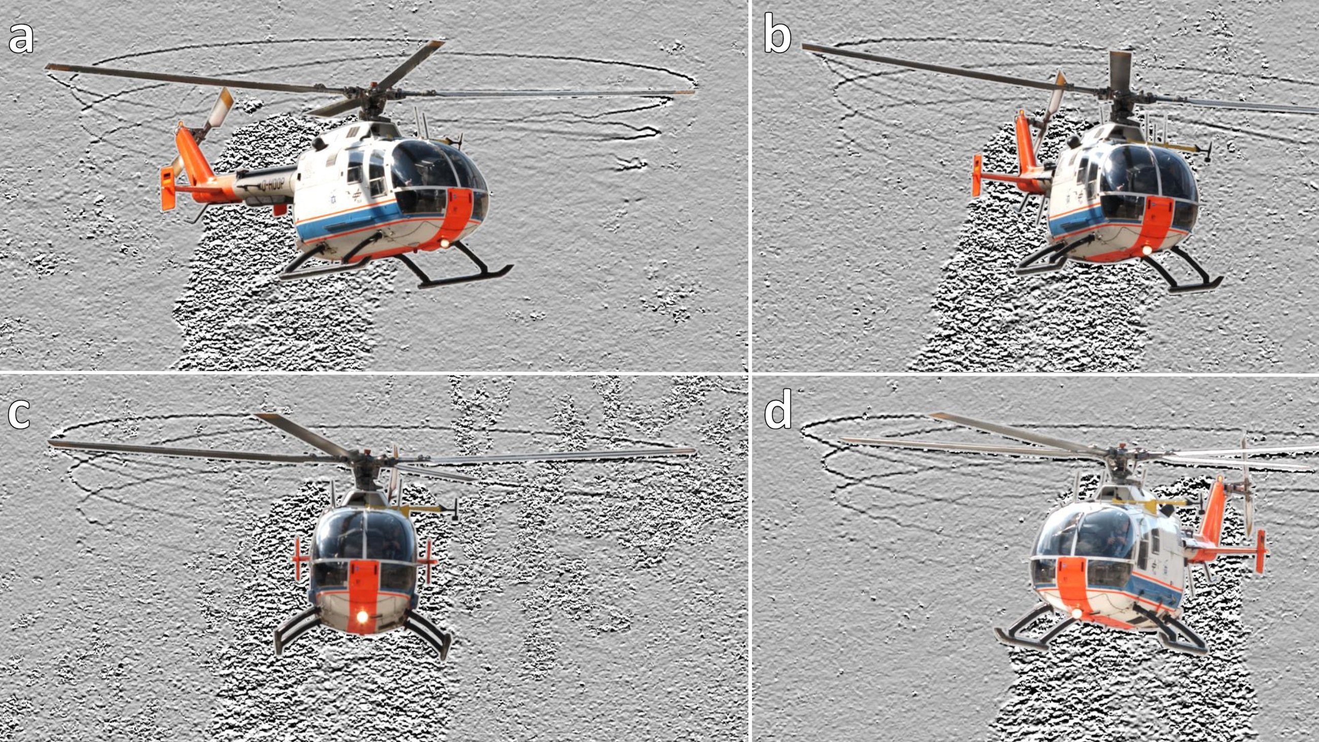 Aufnahmen eines Hubschraubers im vertikalen Steigflug: Die Wirbel sind als dunkle Linien abgebildet und maximal eine volle Umdrehung sichtbar. Außerdem sichtbar sind die Abgasstrahlen des Hubschraubers, die als verrauschte Fläche hinter dem Hubschrauber zu erkennen sind.       