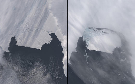 Abriss eines riesigen Eisberges vom Pine-Island-Gletscher in der Antarktis: Links im Bild ist deutlich der 30 Kilometer lange Riss durch den Gletscher zu sehen, vom dem sich ein 35 mal 20 Kilometer großer Eisberg löste. Der Pine-Island-Gletscher ist einer der größten der Welt und schmilzt ungewöhnlich schnell. Das NASA-Bild rechts stammt vom 13. November 2013.