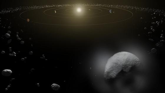 Zwergplanet Ceres bewegt sich im Asteroidengürtel unseres Sonnensystems. Sein Durchmesser beträgt 950 Kilometer. Der Wassernachweis ist der Beleg dafür, dass Ceres eine eisige Oberfläche und eine Atmosphäre hat. 