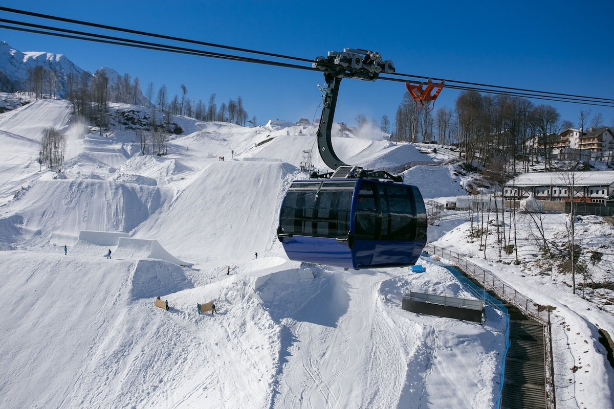 Die Seilbahn Rosa Khutor vor dem Freestyle-Gelände der Olympischen Spiele in Sotschi: Doppelmayr hat 35 Bahnen für Olympia geliefert. Die Steuerungstechnik lieferte Pilz aus Deutschland.