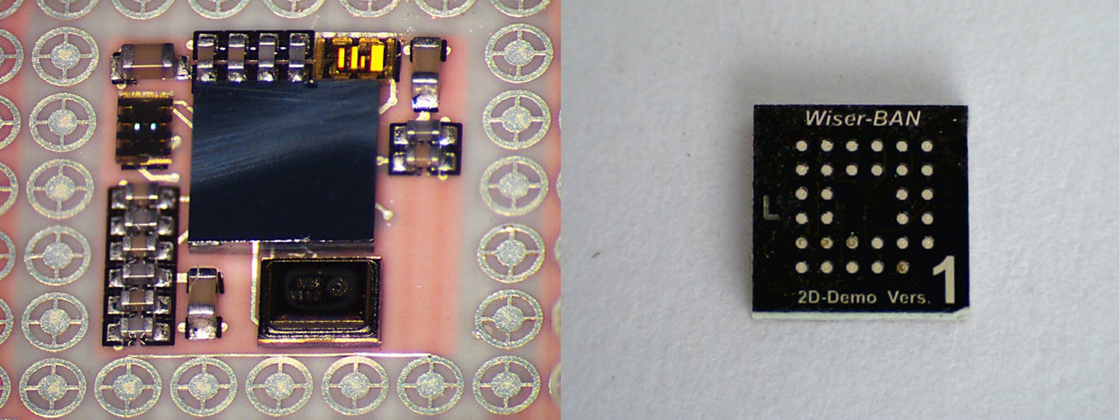 Insgesamt 19 Bauteile (li.) packen die Fraunhofer-Forscher in ihr Mikrosystem (re.). Miniatur-Antennen, integrierte Schaltkreise und Hochfrequenzfilter finden auf 4x4x1 Kubikmillimetern Platz.