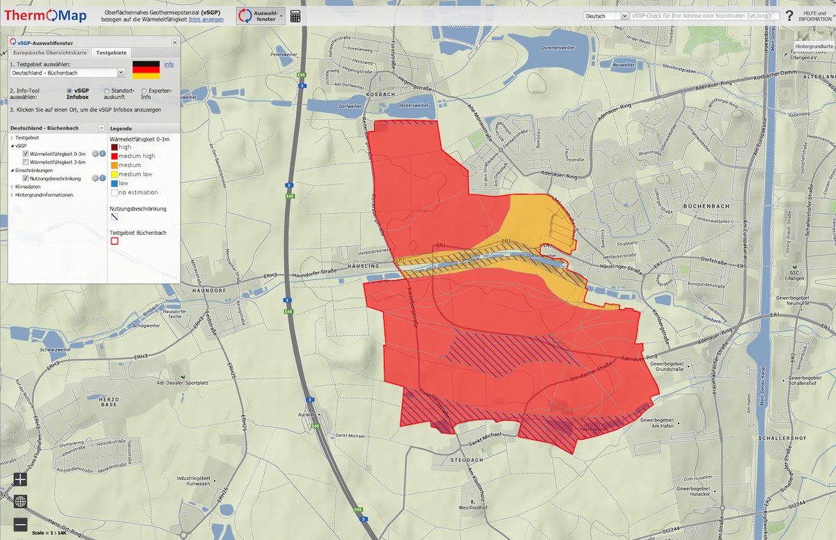 Testgebiet Büchenbach bei Nürnberg: Die Erdwärmekarte macht recht konkrete Angaben über das Erdwärmepotential im Boden.