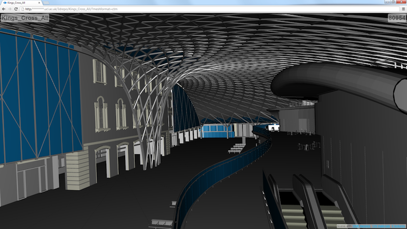 Innenansicht des Londoner Bahnhofs King's Cross mit XML3DRepo. Mit der neuen Gebäudedatenmodellierung lässt sich die Kommunikation zwischen Architekten, Bauherrn und Öffentlichkeit kostengünstiger gestalten. 