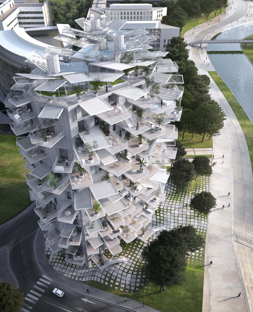 Wohnturm von Sou Fujimoto in Montpellier: Das 17-geschossige Hochhaus orientiert sich an einem geöffneten Kiefernzapfen. 