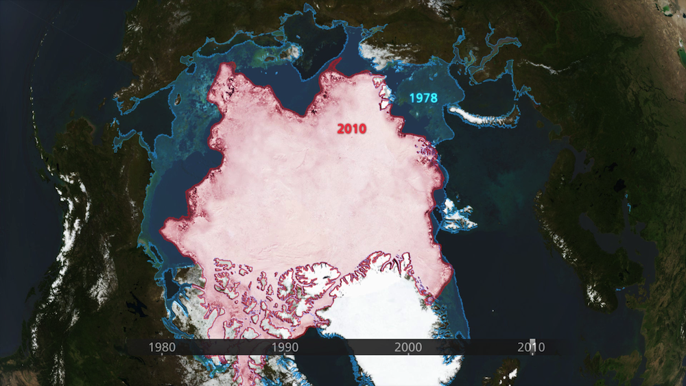 Die Aufnahme zeigt das Schrumpfen des arktischen Eises in den vergangenen Jahrzehnten. Solche Phänomene sollen mit den Sentinel-Satelliten noch genauer beobachtet werden können. 