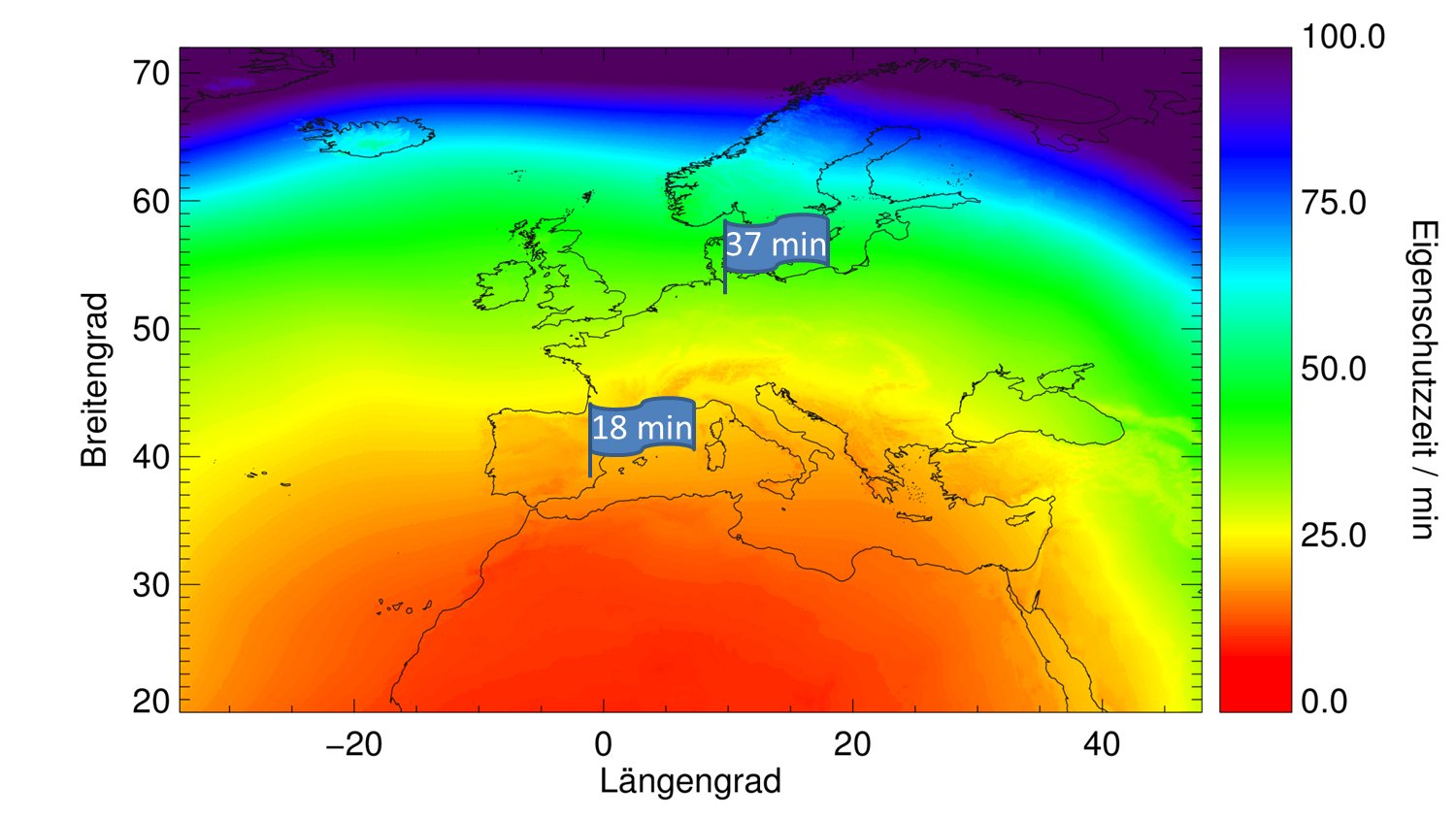 Die App kann die Sonnenschutzzeiten für jeden Standort in Europa ermitteln.