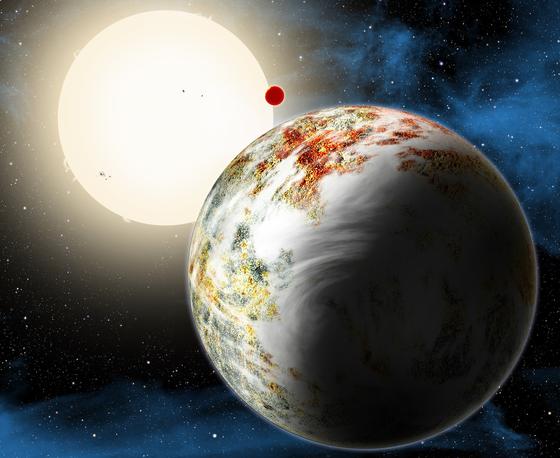 Im Bild vorne ist die neu entdeckte "Mega-Erde" Kepler-10c zu sehen, dahinter die kleine Lava-Welt Kepler-10b. Gemeinsam umkreisen sie einen sonnenähnlichen Stern im Sternbild Draco. 