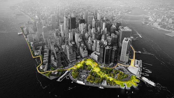 Grünzone als Küstenschutz vor Lower Manhattan: Das dänische Architekturbüro BIG will ein ansteigende Landschaft anlegen, die die Gewalt der Wellen brechen soll.