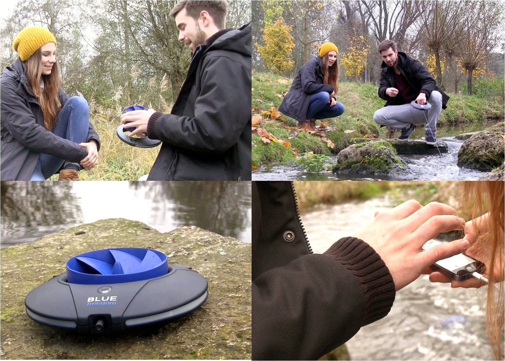 Das mobile Wasserkraftwerk Blue Freedom holt aus jedem Fließgewässer elektrische Energie heraus. Es genügt, den kleinen Rotor ins Wasser zu werfen, um Strom zu erzeugen. Ein Smartphone lässt sich innerhalb einer Stunde aufladen.